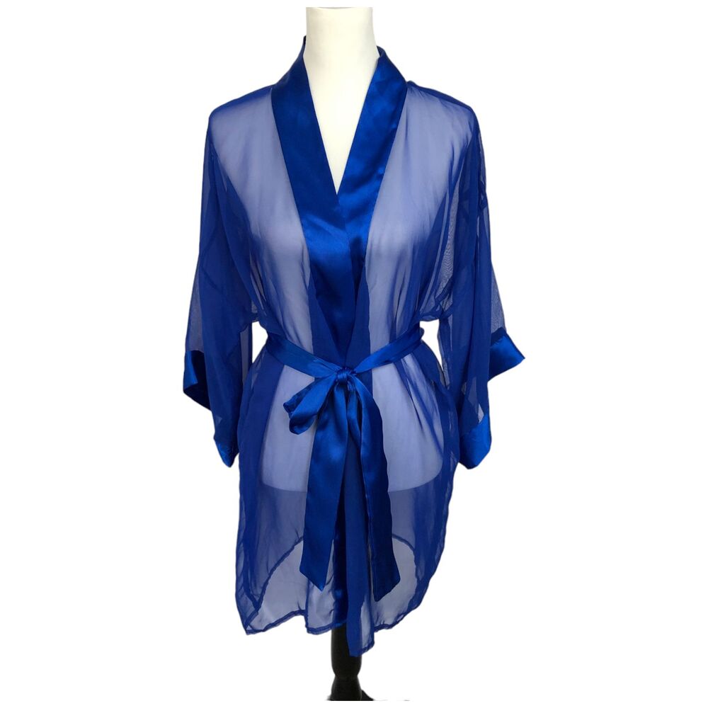 Royal Blue Sheer Open Front Sexy Kimono Cardigan Robe with Satin Trim One Size